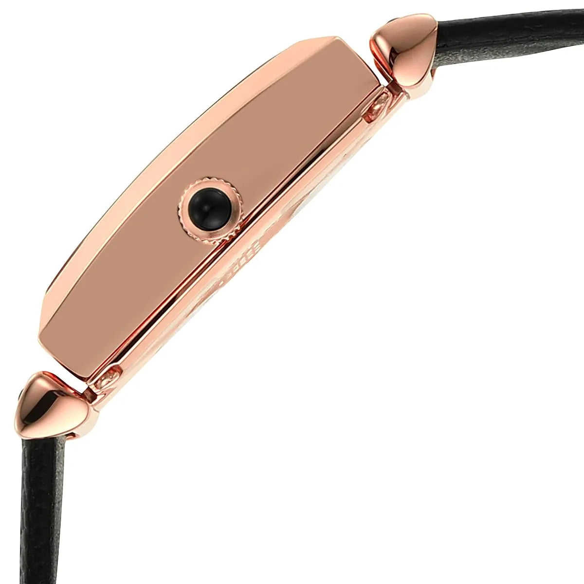 Emporio Armani AR11408 watch detail showing rose gold case side and black leather strap