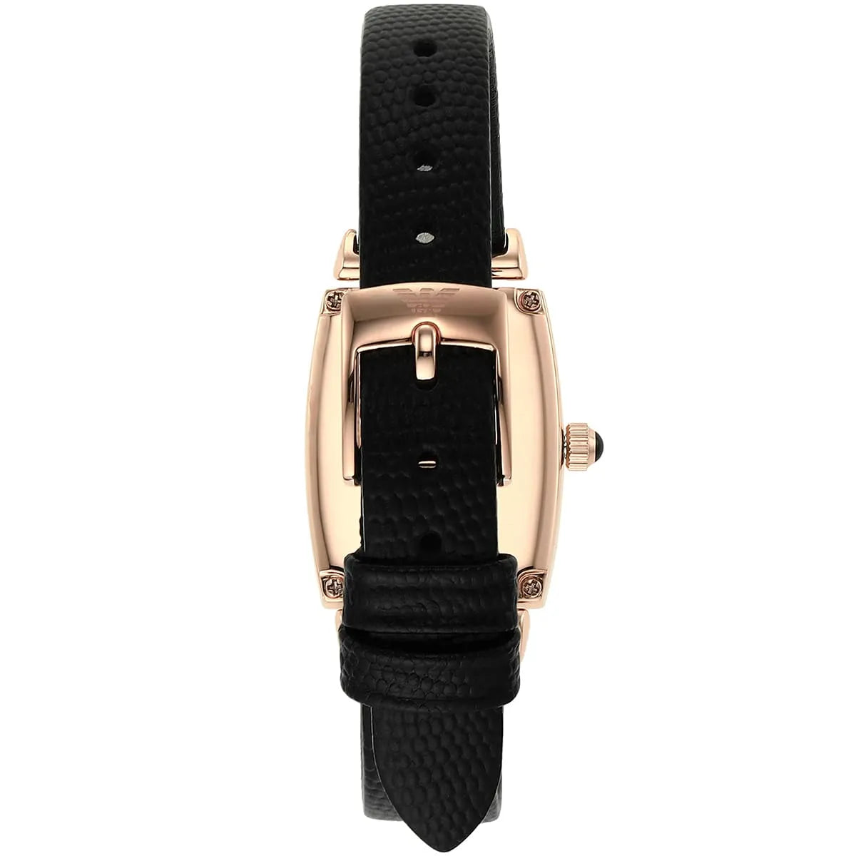 Side view of Emporio Armani AR11408 watch showing rose gold case profile and black leather strap