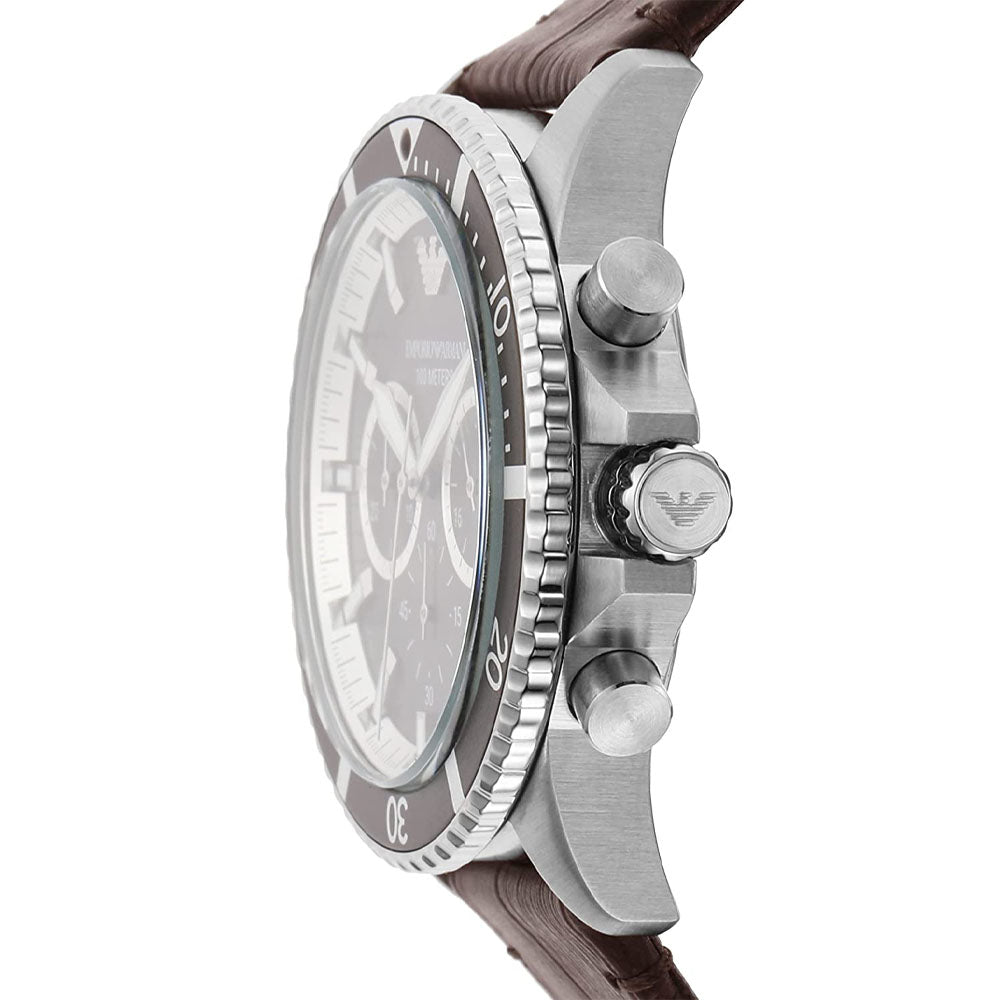 Side view of Emporio Armani AR11486 watch showing chronograph pushers and stainless steel case