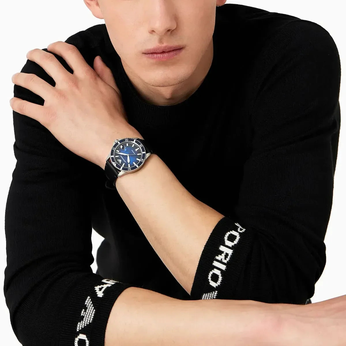 Emporio Armani AR11516 worn on wrist showing blue dial and silver case with black strap