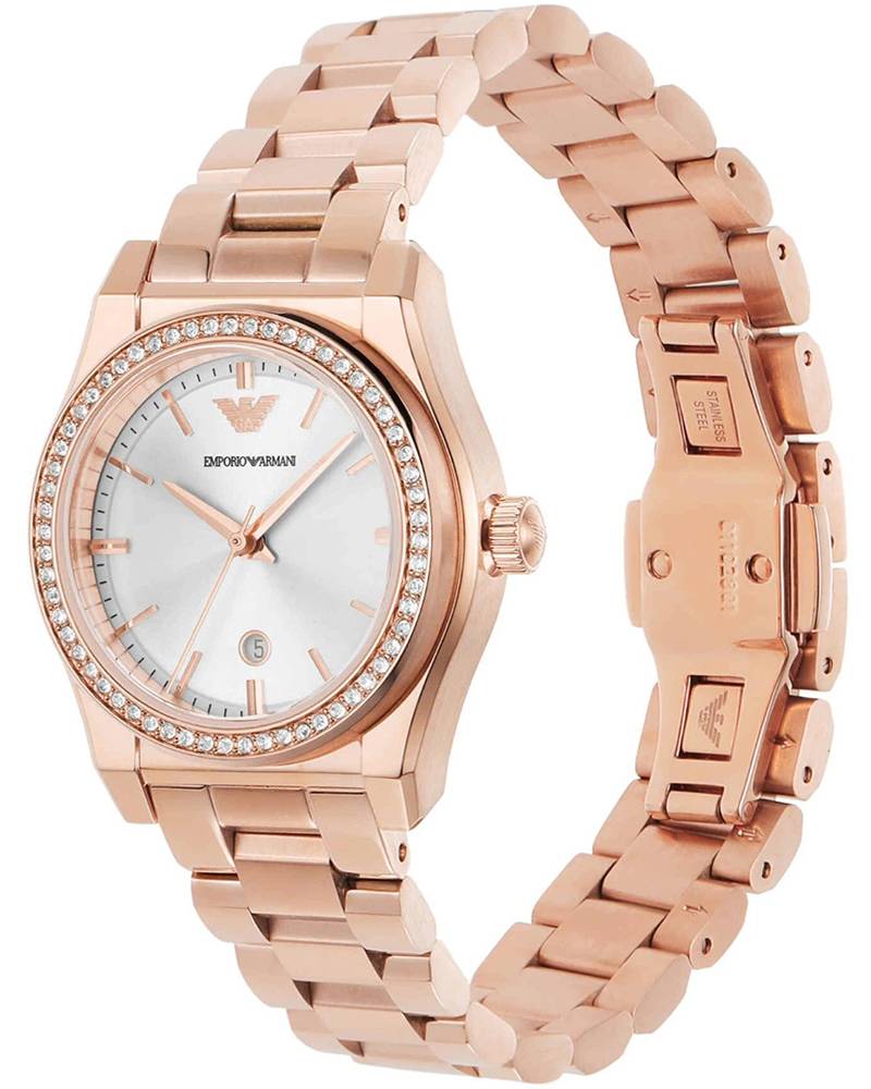 Emporio Armani AR11558 rose gold watch on wrist showing case and three-link bracelet detail
