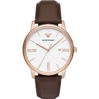Emporio Armani AR11572 watch with rose gold case and brown leather strap
