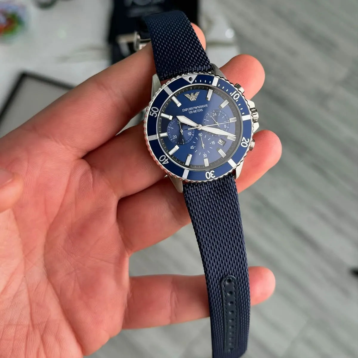 Emporio Armani World Explorer Chronograph Blue Dial Blue Strap Watch AR11588