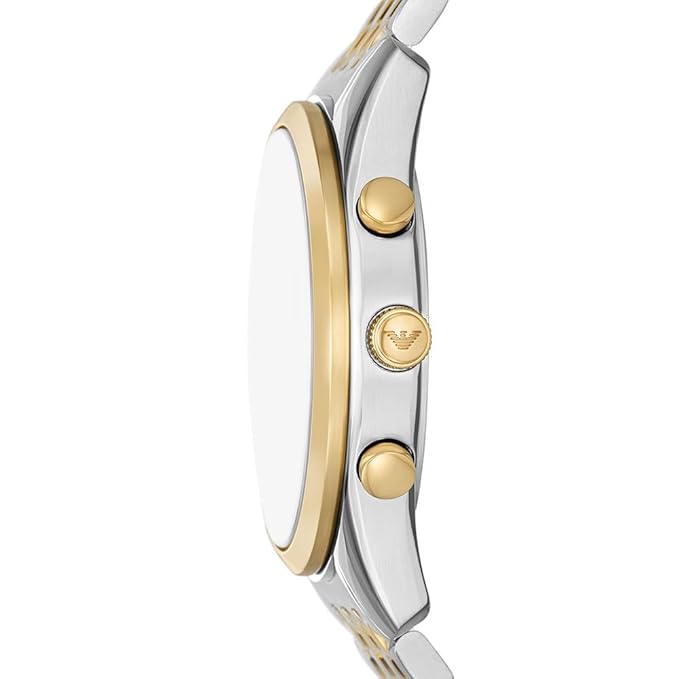 Side profile of Emporio Armani AR11603 showing two-tone case and bracelet with gold accents