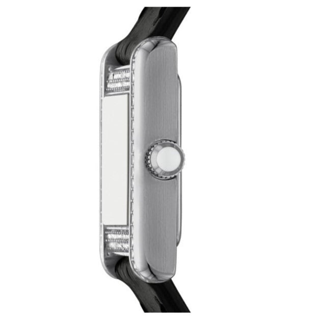 Emporio Armani AR11660 angled view of silver-tone rectangular case with diamond bezel and black leather strap