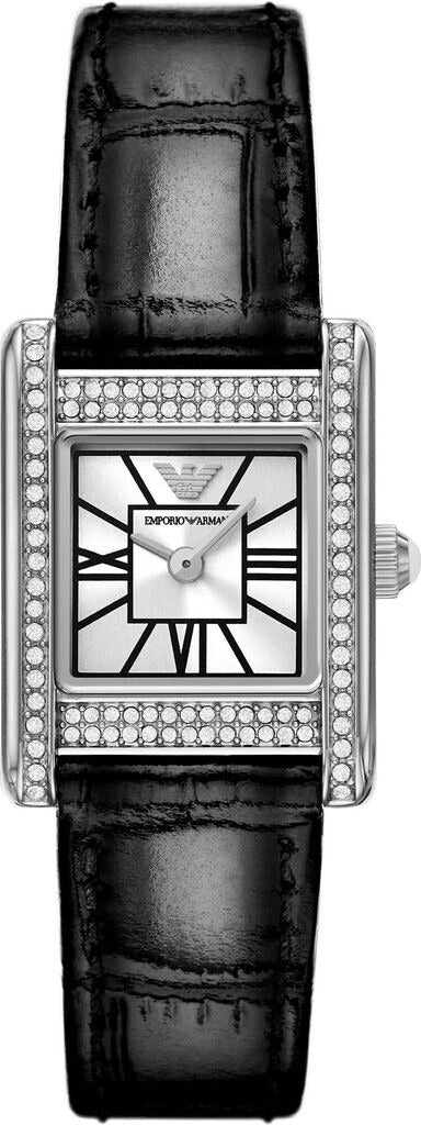 Emporio Armani AR11660 women's watch with silver dial, diamond-set rectangular case, and black leather strap