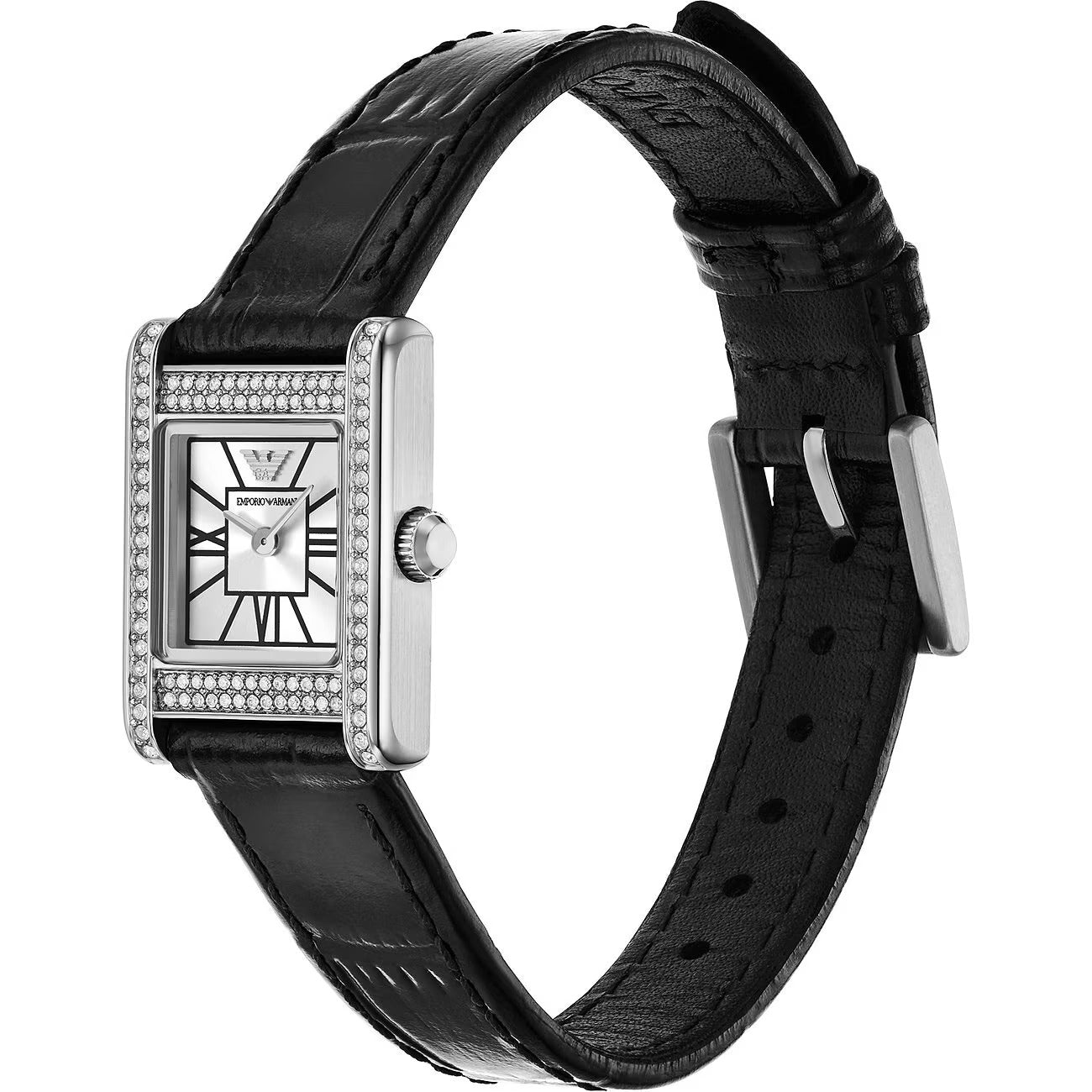 Emporio Armani AR11660 watch displayed on wrist showing side profile of diamond-set case and black leather strap