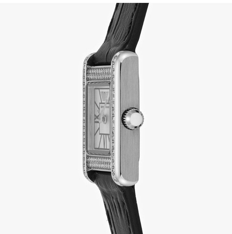 Emporio Armani AR11660 side view showing rectangular case profile with diamond setting and crown detail