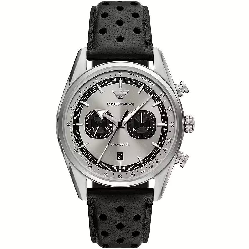 Emporio Armani AR11677 chronograph watch with grey dial and black leather strap
