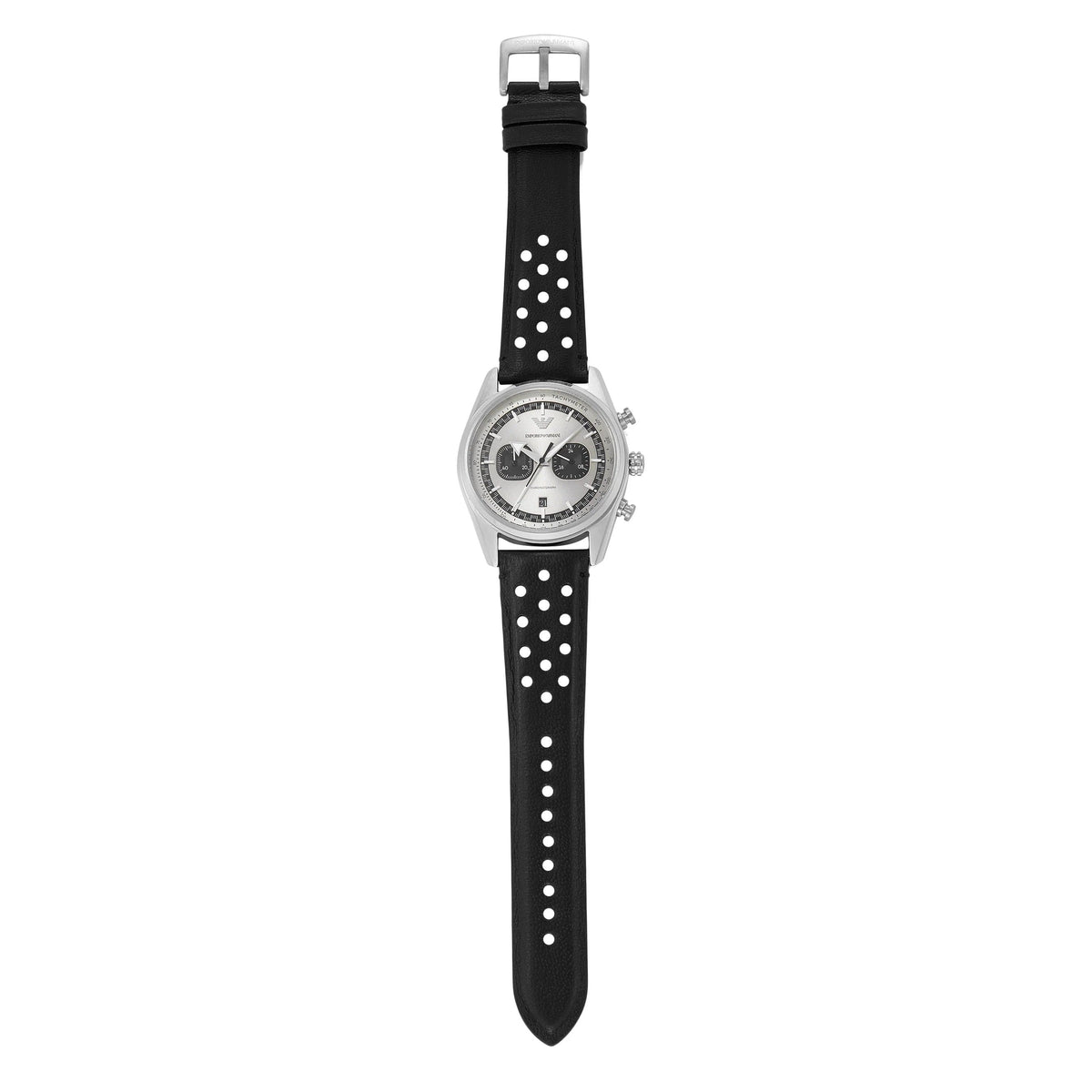 Emporio Armani AR11677 chronograph watch displayed on wrist with black perforated leather strap