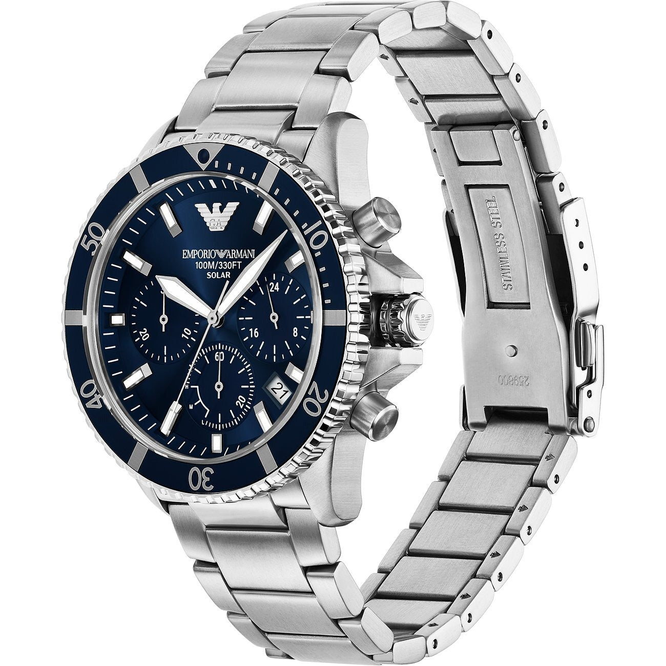 Emporio Armani AR11681 watch shown at angle with visible stainless steel bracelet and side profile