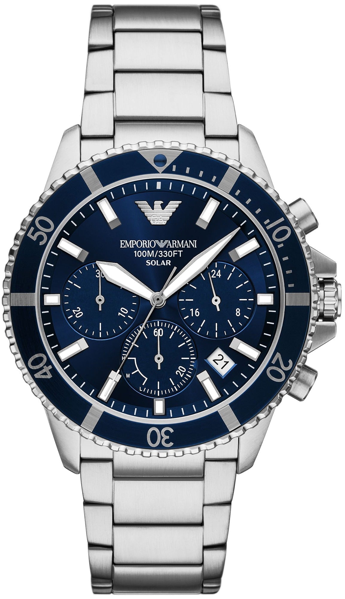 Emporio Armani AR11681 solar chronograph watch with navy blue dial, stainless steel bracelet, and rotating bezel