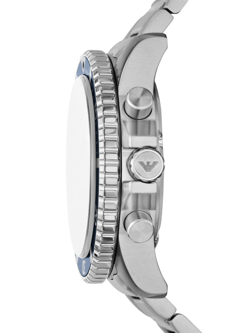 Side profile of Emporio Armani AR11681 showing case thickness, pushers, and bracelet links