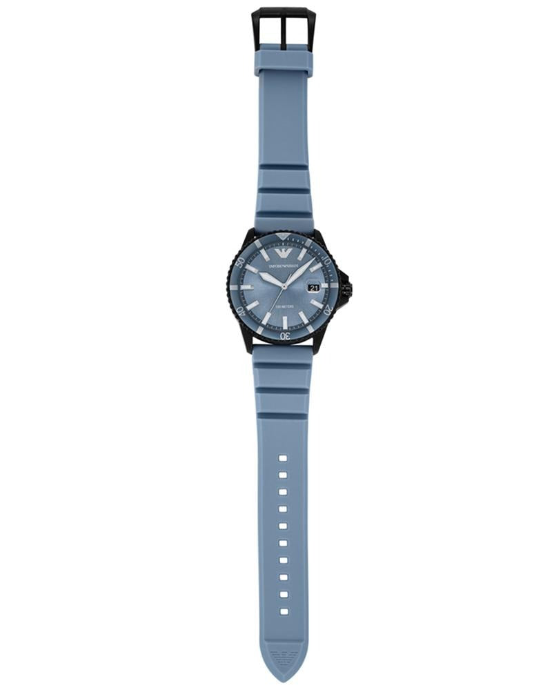 Emporio Armani Sea Explorer watch with blue silicone strap worn on wrist