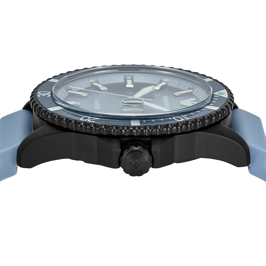 Side view of Emporio Armani Sea Explorer watch showing black case profile