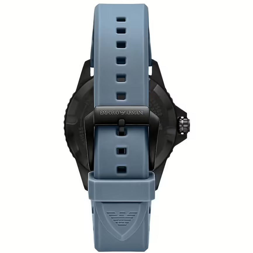 Blue silicone strap detail of Emporio Armani Sea Explorer watch