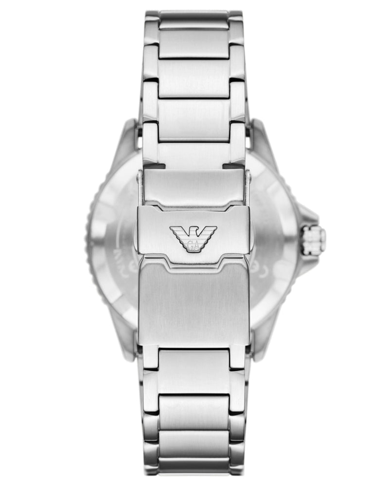 Caseback of Emporio Armani AR11698 with eagle logo and stainless steel bracelet