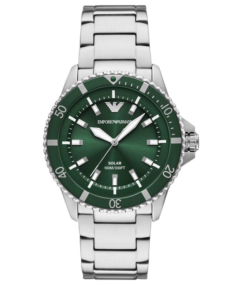 Emporio Armani AR11698 solar watch with green dial and stainless steel bracelet