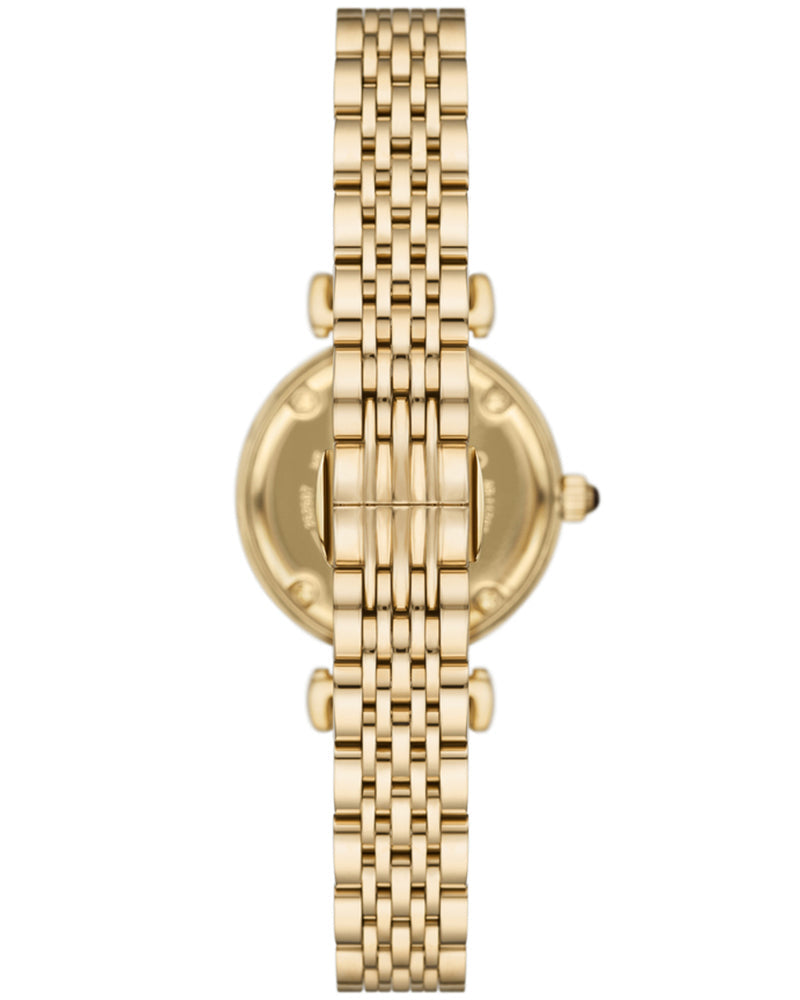 Top-down view of Emporio Armani AR11703 gold-tone bracelet and case