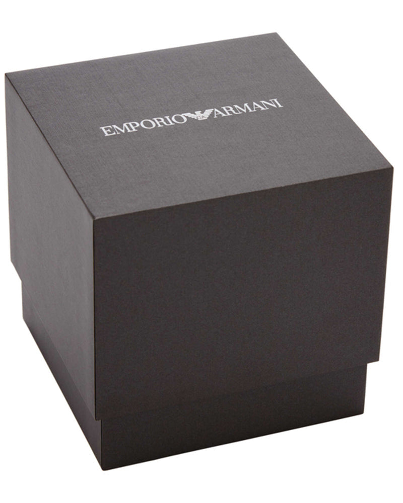 Emporio Armani branded dark gray watch box packaging