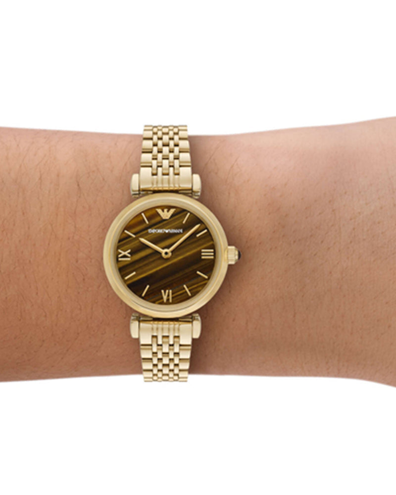 Emporio Armani AR11703 gold-tone watch on wrist showing dial and bracelet