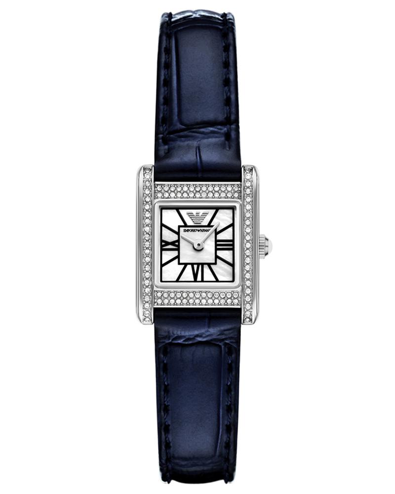 Emporio Armani AR11718 women's watch with diamond-set steel case and navy leather strap