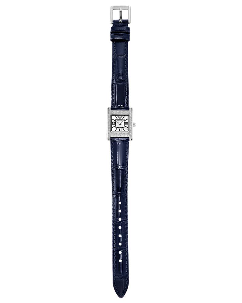 Full length view of Emporio Armani AR11718 watch showing navy leather strap