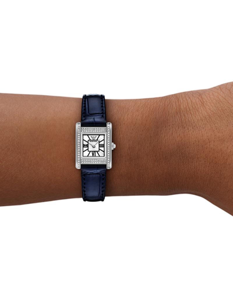 Emporio Armani AR11718 women's watch worn on wrist with diamond bezel detail