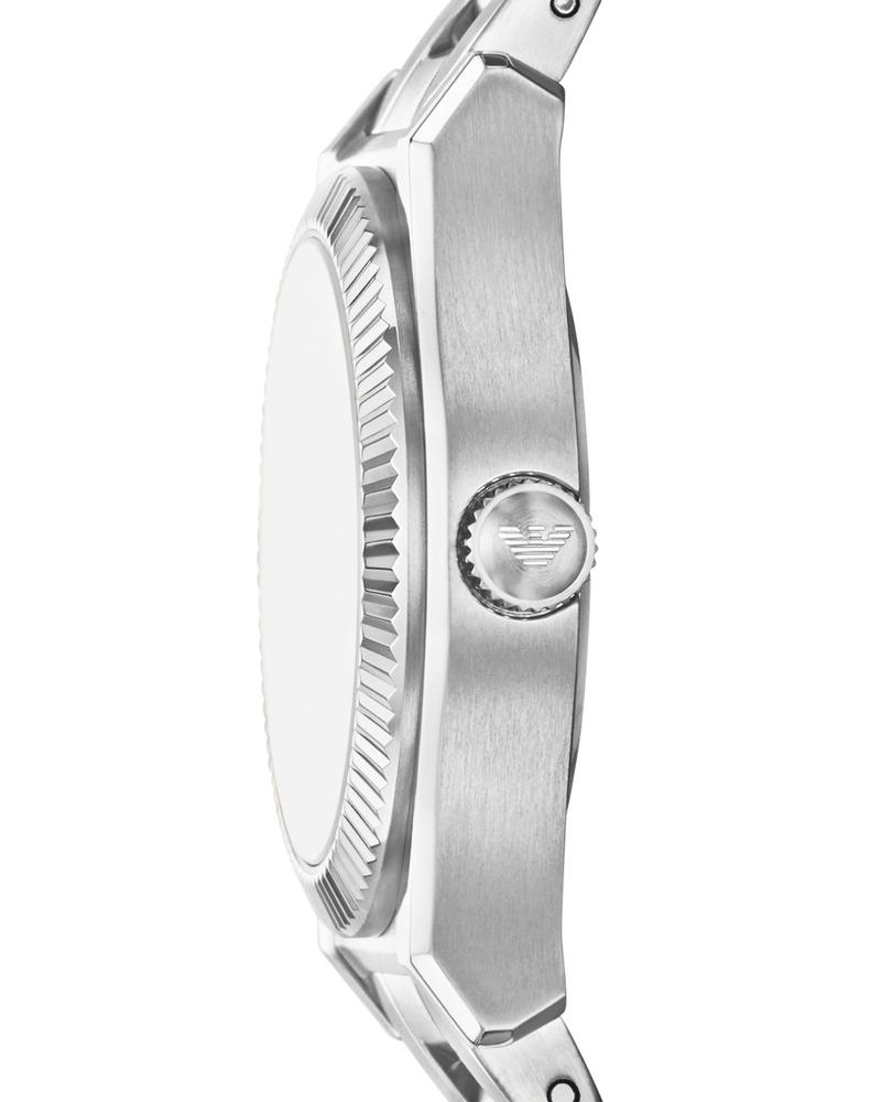 Emporio Armani AR11723 side view showing fluted bezel and stainless steel case