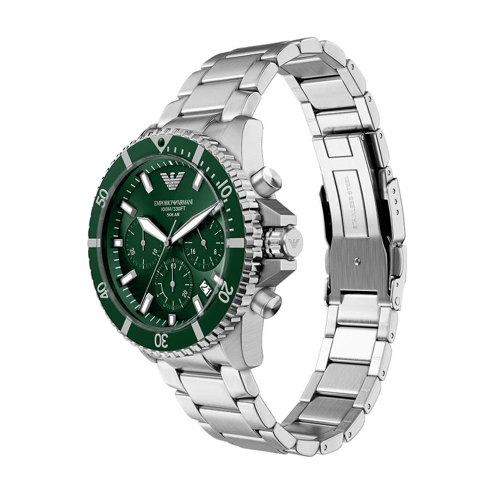 Emporio Armani AR11741 angled view showing green dial, rotating bezel, and stainless steel bracelet