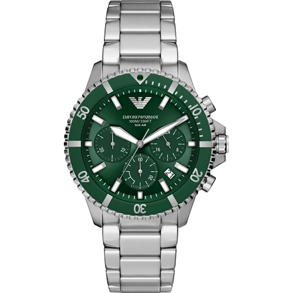 Emporio Armani AR11741 World Explorer Solar Chronograph with green dial and stainless steel bracelet