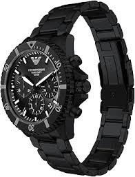 Emporio Armani AR11784 black chronograph watch three-quarter angle view showing dial and bracelet