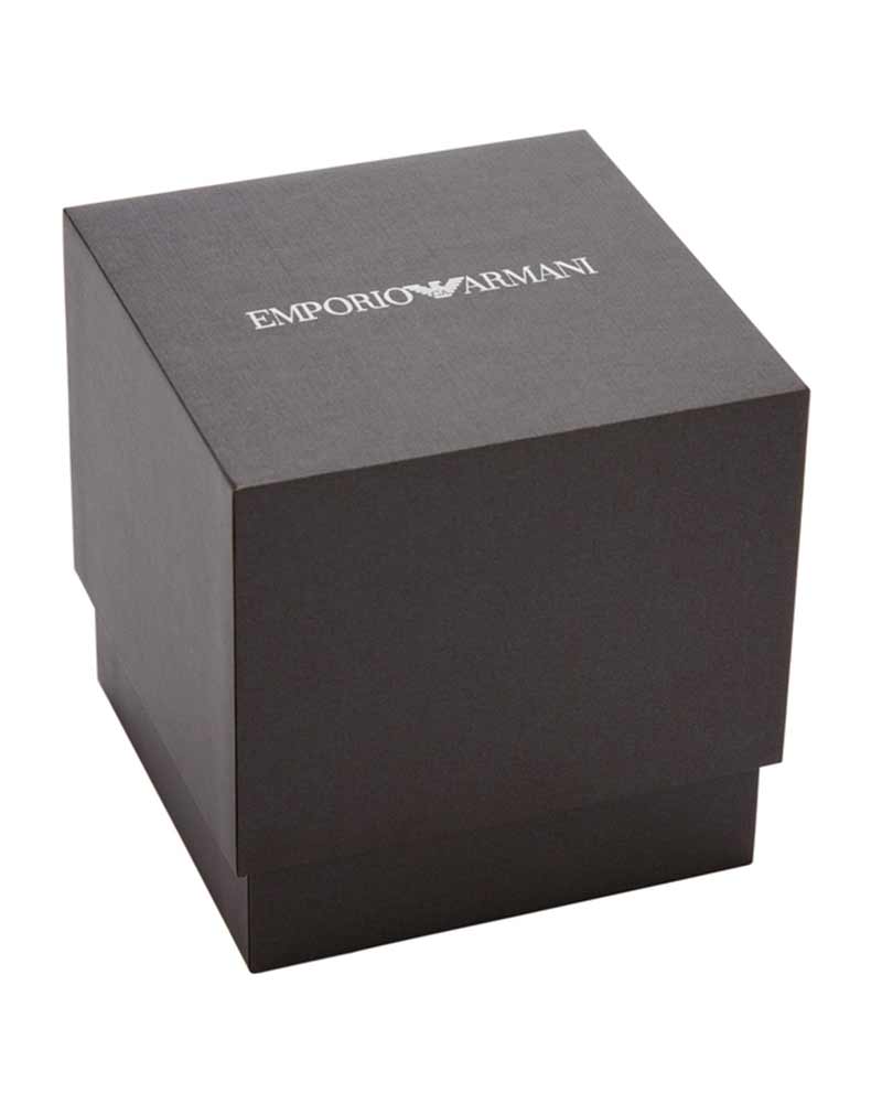 Emporio Armani watch packaging box with brand name embossed on gray presentation box