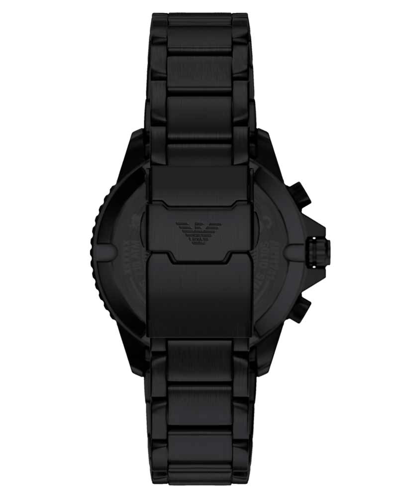 Emporio Armani AR11784 watch caseback showing Emporio Armani logo on black stainless steel