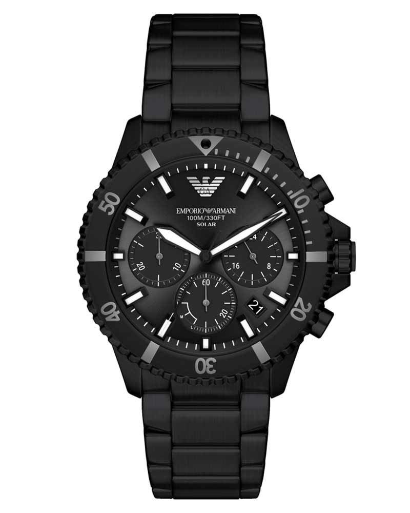 Emporio Armani World Explorer AR11784 black solar chronograph watch front view with three subdials and white hands