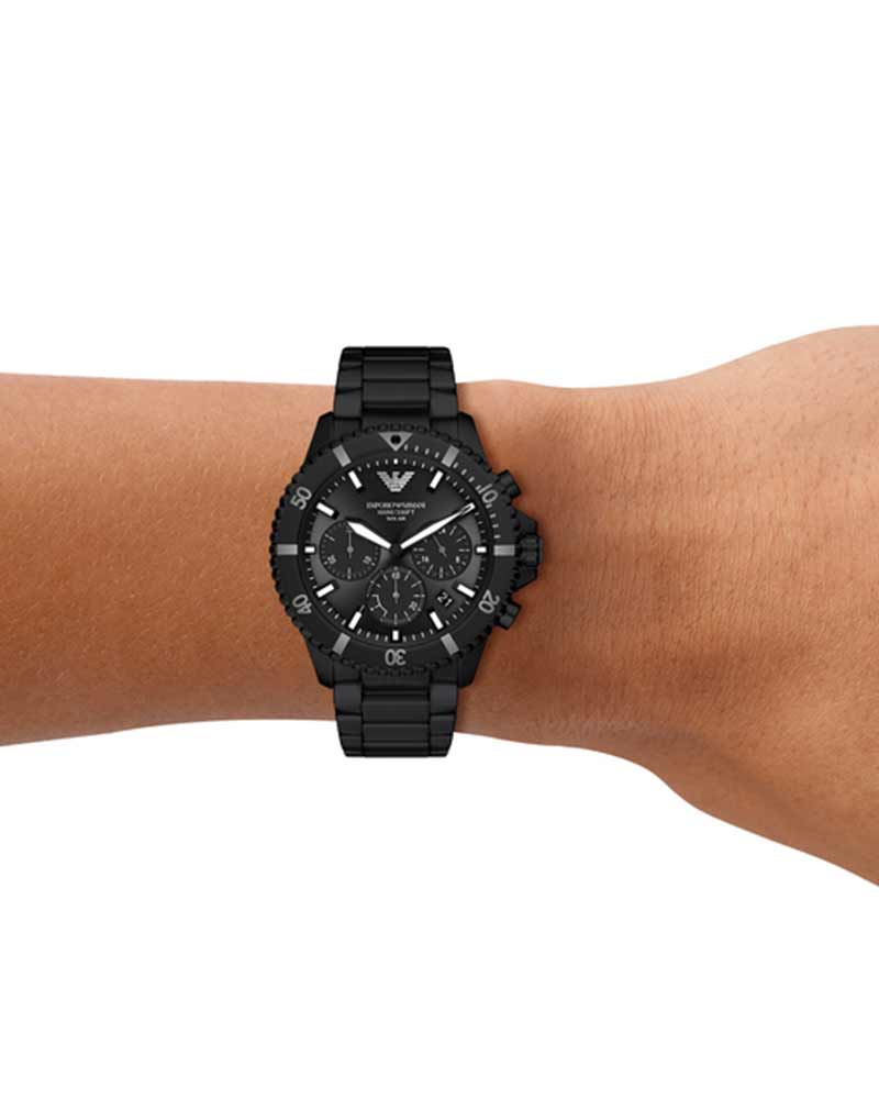 Emporio Armani AR11784 solar chronograph watch worn on wrist showing black dial and bracelet