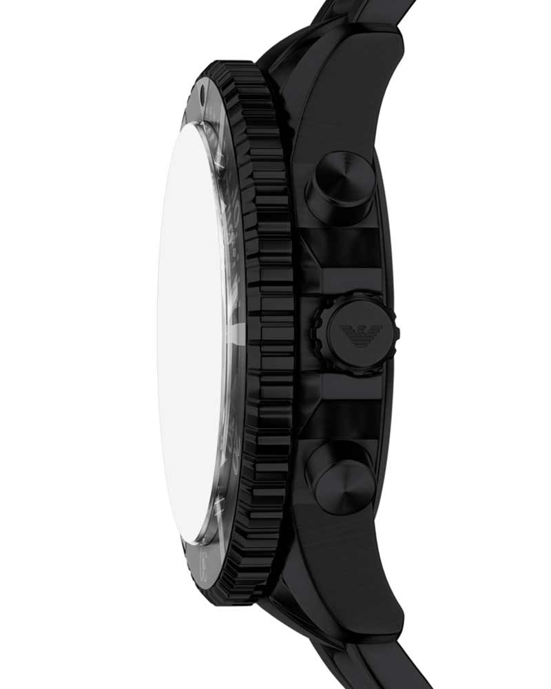Emporio Armani AR11784 watch side profile showing black stainless steel case and bracelet