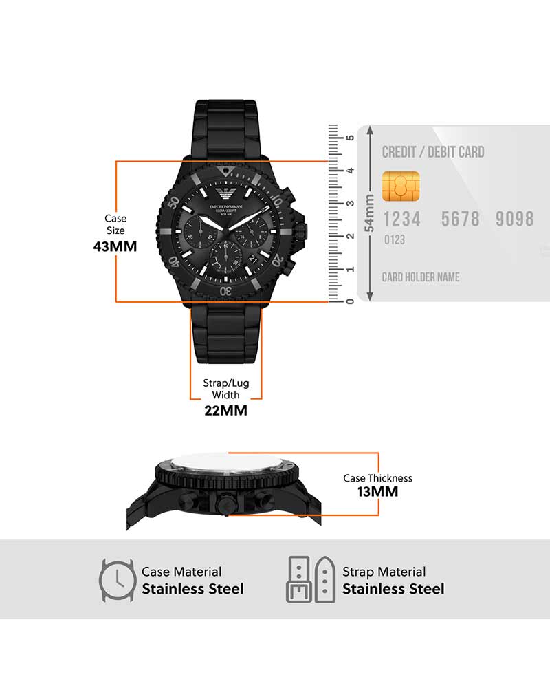 Emporio Armani AR11784 specifications showing 43mm case width, 22mm strap width, 13mm thickness, and stainless steel materials
