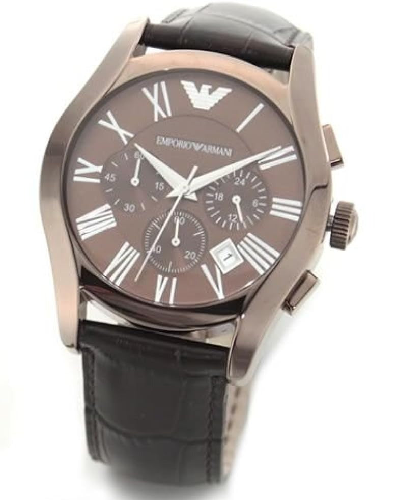 Emporio Armani AR1609 chronograph watch at angle showing brown dial and leather strap