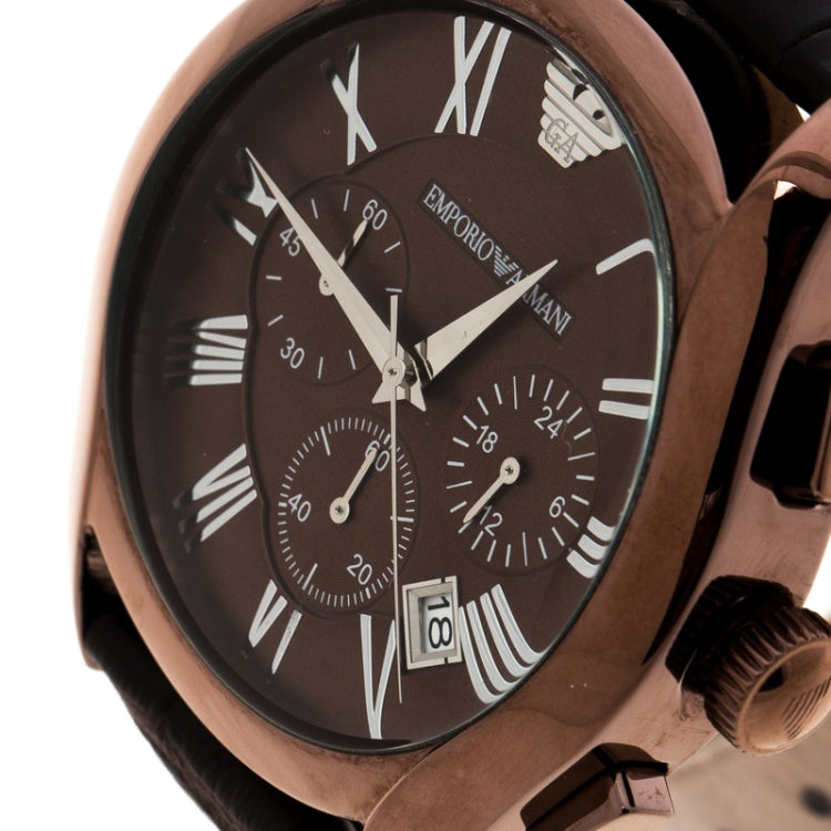 Emporio Armani AR1609 brown dial close-up with Roman numerals and chronograph subdials