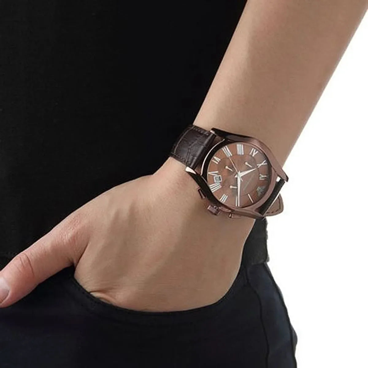 Emporio Armani AR1609 brown chronograph watch worn on wrist