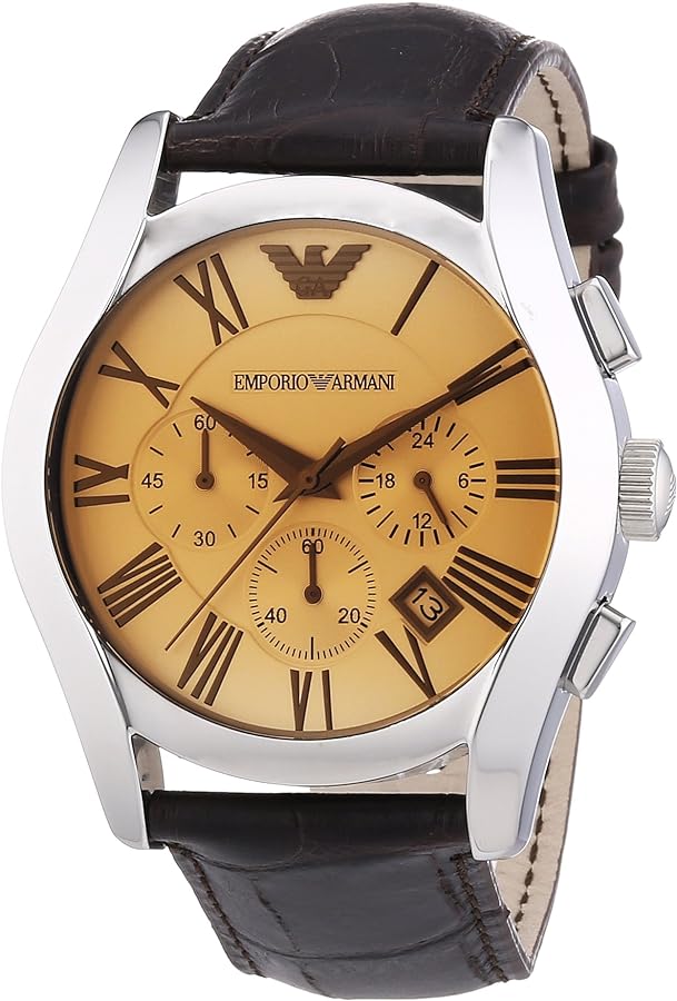 AR1634 Emporio Armani chronograph watch showing champagne face with Roman numeral markers