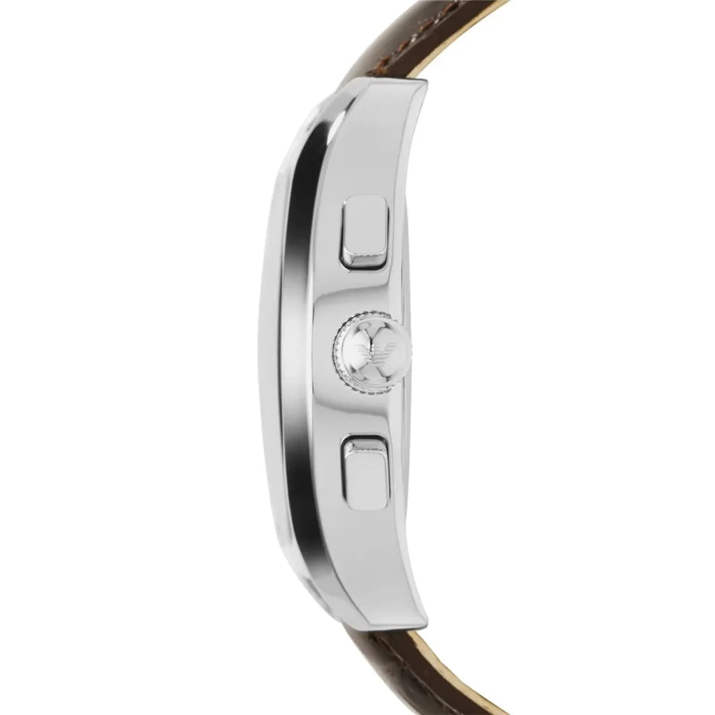 Side profile of Emporio Armani AR1634 chronograph watch showing case thickness and pushers