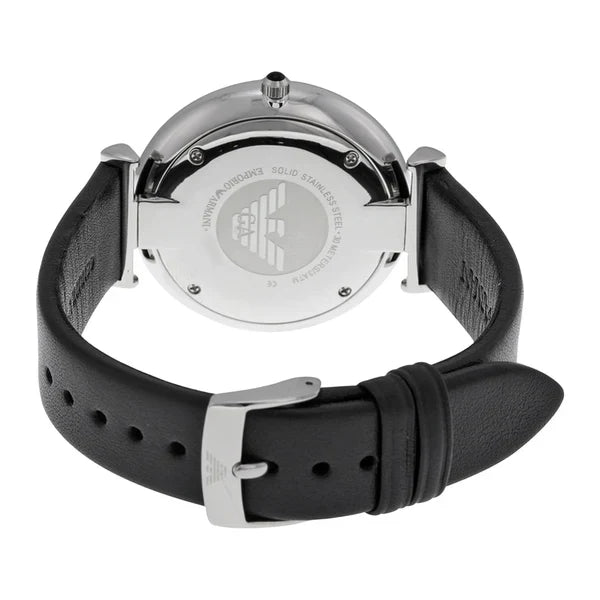 Caseback view of Emporio Armani AR1674 watch showing engraved eagle logo and buckle detail