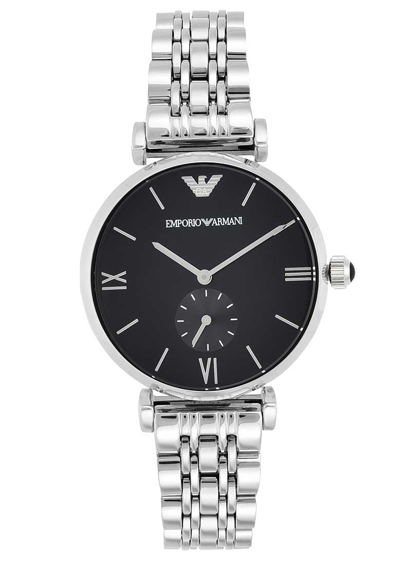 Emporio Armani AR1676 black dial watch with silver strap, Roman numeral indices and subdial