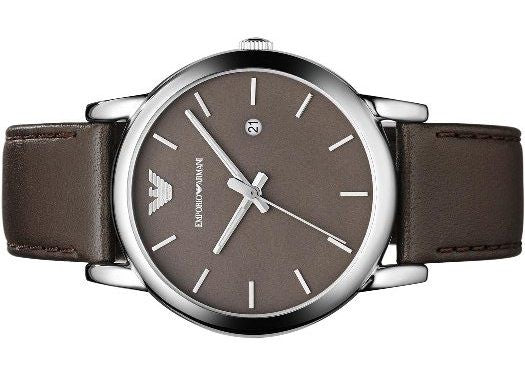 Emporio Armani AR1729 watch angled view with brown leather strap