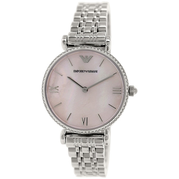 Emporio Armani Classic Gianni T Bar Crystals Pink Dial Silver Steel Strap Women's Watch - AR1781