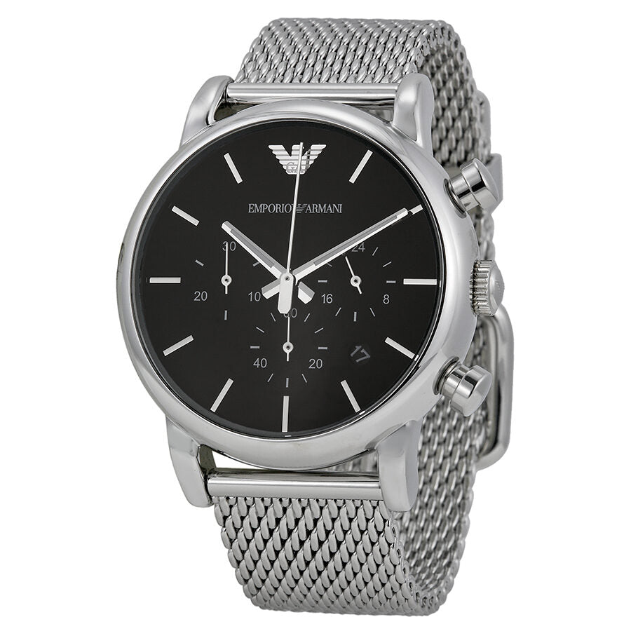 AR1811 black dial chronograph with three subdials and steel mesh band