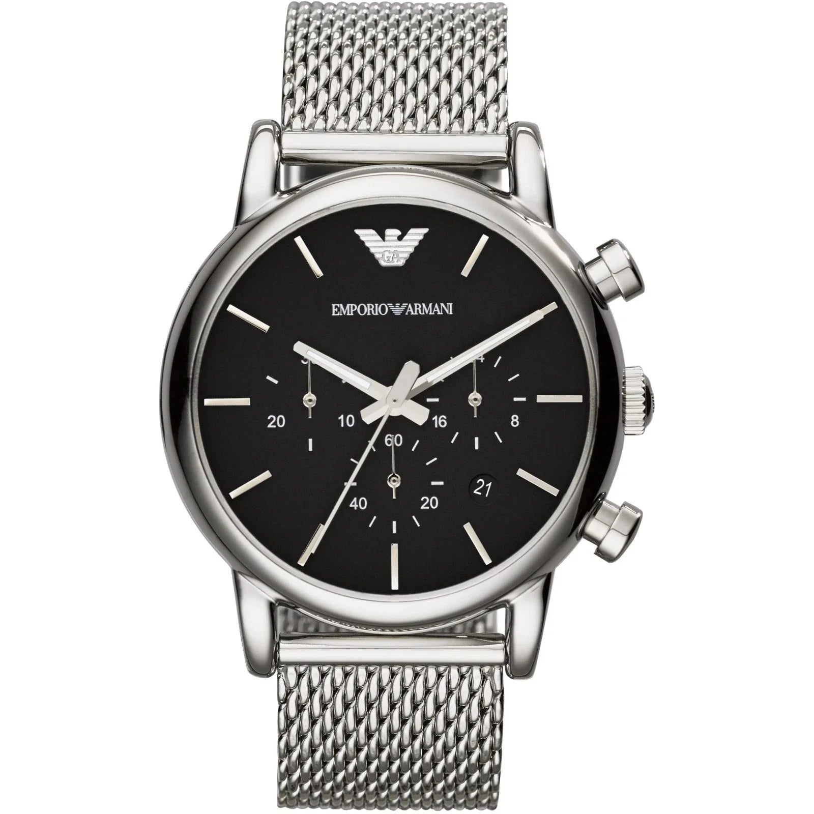Emporio Armani AR1811 chronograph watch with black dial and steel mesh strap