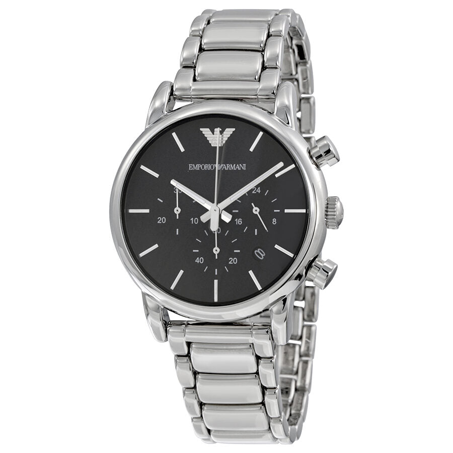 Emporio Armani AR1853 chronograph watch with black dial and silver stainless steel bracelet
